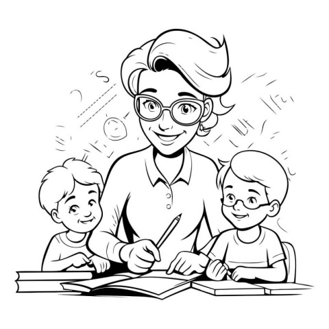 Teacher with children doing homework. Black and white vector ill