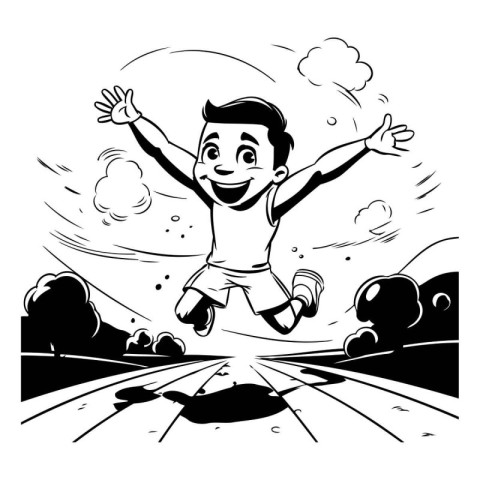 Happy boy jumping in the air. black and white vector illustratio