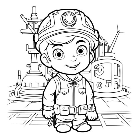 Black and White Cartoon Illustration of Kid Boy in Fireman Costu