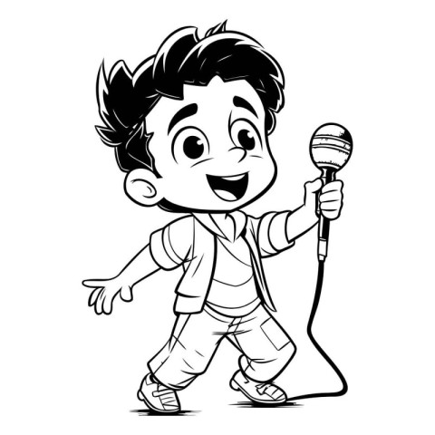 Cartoon boy singing karaoke with microphone. Vector illustration