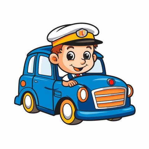 Cute Little Boy Driving Car Cartoon Mascot Character Vector Illu