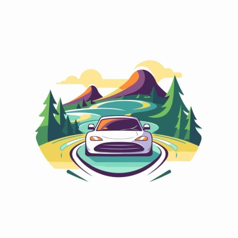 Car on the road in the mountains. Vector illustration on white b