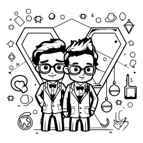 Black and White Cartoon Illustration of Groom and Groom Coloring