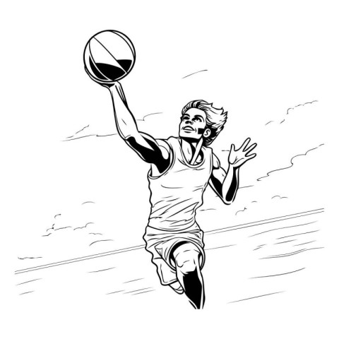 Basketball player jumping with ball. Black and white vector illu