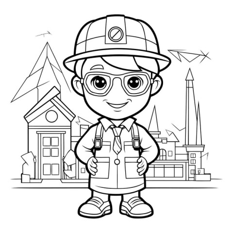 Black and White Cartoon Illustration of Cute Little Boy Construc