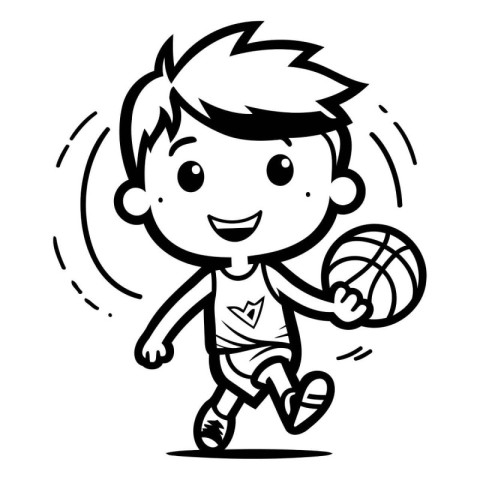 Illustration of a Kid Boy Playing Basketball - Black and White C