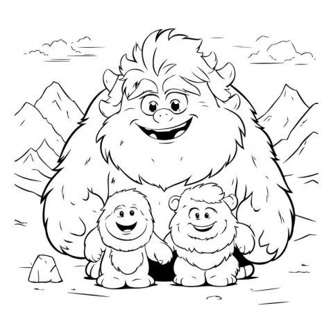 Monkey family in the mountains. Black and white vector illustrat