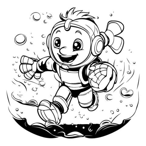 Cute cartoon astronaut flying in the ocean. Black and white vect