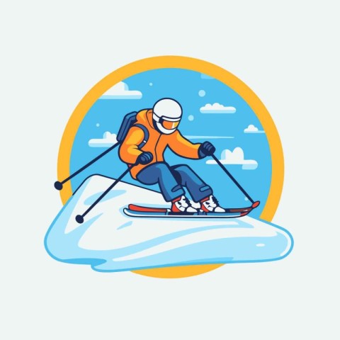 Skiing in the mountains. Vector illustration in flat style.