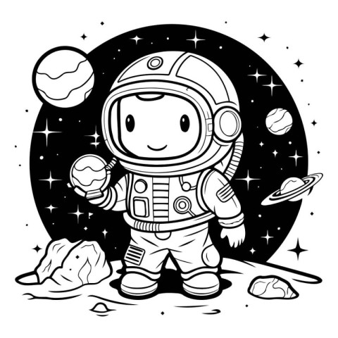 Astronaut in space. Black and white vector illustration for colo