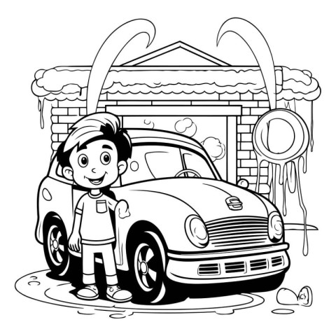 Boy with car in front of the house. Vector illustration for colo