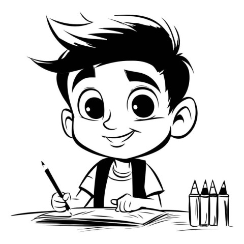 Cute Boy Student - Black and White Cartoon Illustration. Vector