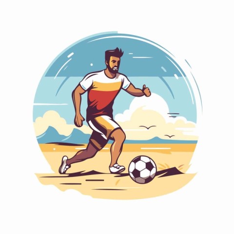 Soccer player with ball on the beach. Vector illustration in ret