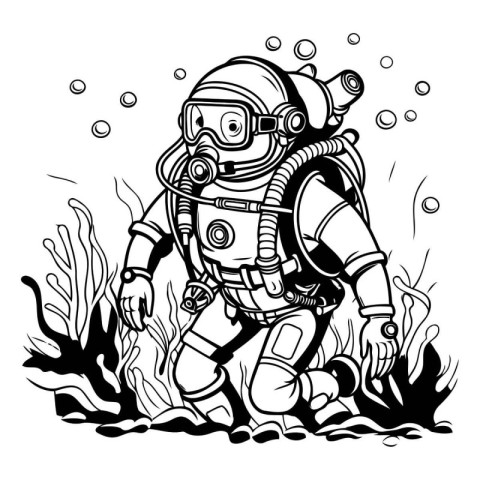 Astronaut in the sea. Vector illustration for coloring book.