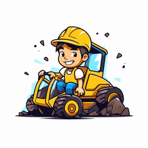 Cartoon character of a boy driving a tractor. Vector illustratio