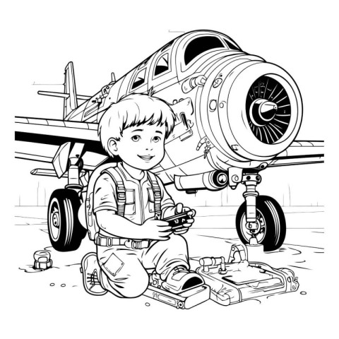 Cute little boy playing with toy airplane. Vector black and whit