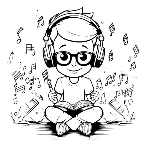 Cute Little Boy in Headphones Reading a Music Book. Vector Illus