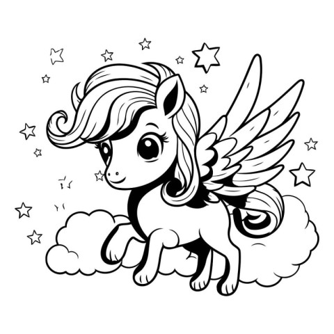 Black and White Cartoon Illustration of Cute Unicorn Fantasy Ani