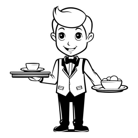 Waiter with plate and cup of coffee cartoon vector illustration