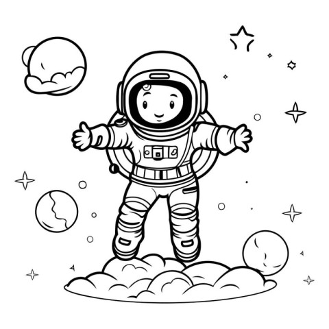 Cartoon astronaut in outer space. Vector illustration for colori