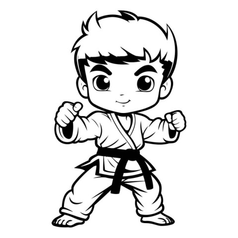 Karate Boy - Black and White Cartoon Mascot Illustration