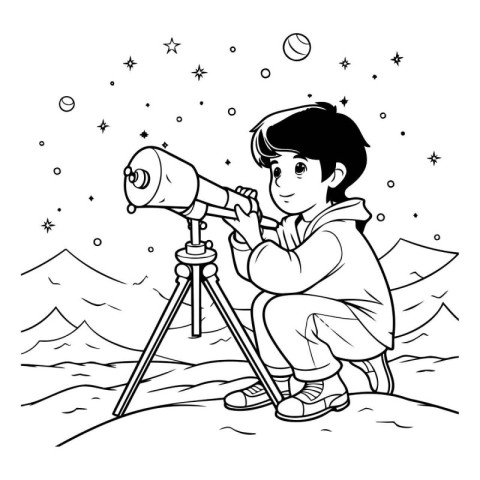 Boy looking through a telescope. black and white vector illustra