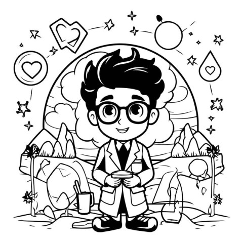 Black and White Cartoon Illustration of Kid Boy with Glasses Rea