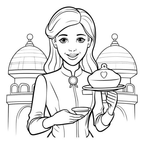 Coloring book for children: Girl waiter with a tray of food