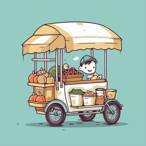 Tuk tuk seller selling fruits and vegetables. Vector illustratio