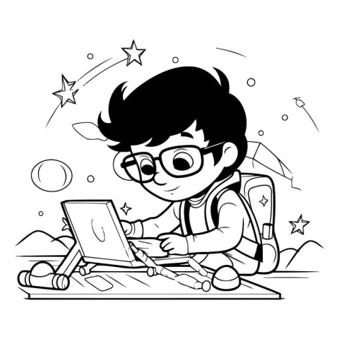 Black and White Cartoon Illustration of Kid Boy Using Laptop or