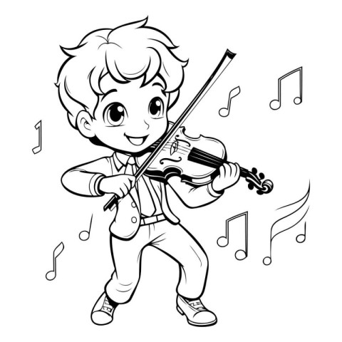 Boy playing violin - Coloring book for adults. Vector illustrati