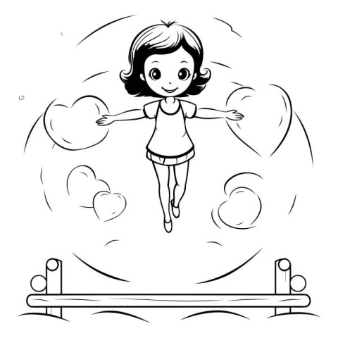 Black and white vector illustration of a little girl jumping in