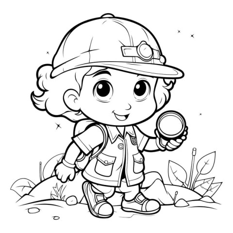 Black and White Cartoon Illustration of Little Boy Scout or Expl