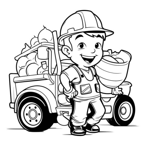 Cartoon worker with a dump truck. Black and white vector illustr