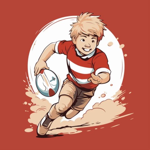 Vector illustration of a rugby player running with ball on red b