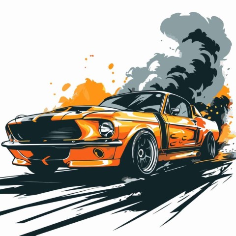 Vector image of a sports car on a background of the smoke and fl