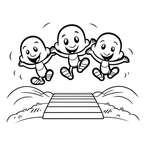 Children jumping in the park. Vector illustration. Black and whi