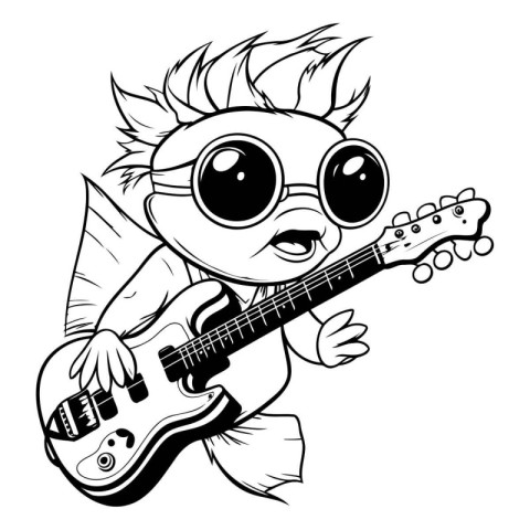 Hipster boy playing the guitar. Black and white vector illustrat