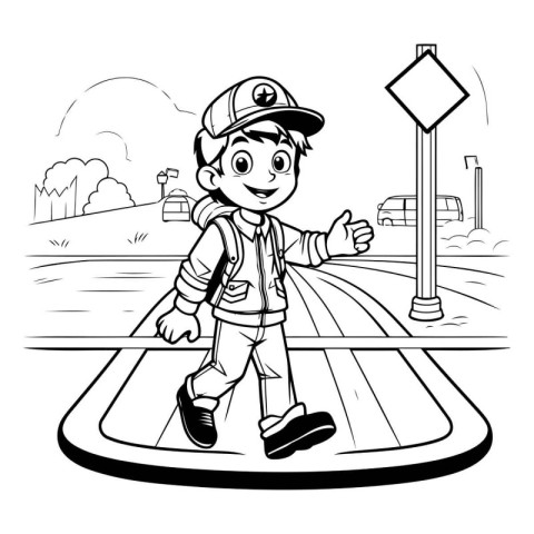 Black and White Cartoon Illustration of Little Boy Walking on th