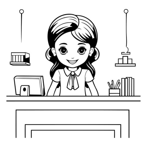 cute little student girl at school desk cartoon vector illustrat