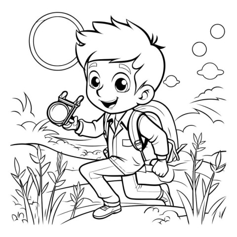 Black and White Cartoon Illustration of Kid Boy Traveler or Tour