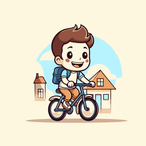 Cute boy riding a bicycle in the city. Vector illustration.