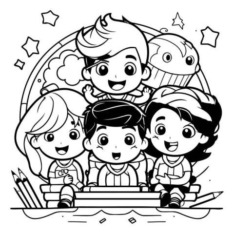 Black and White Cartoon Illustration of Elementary School Kids G