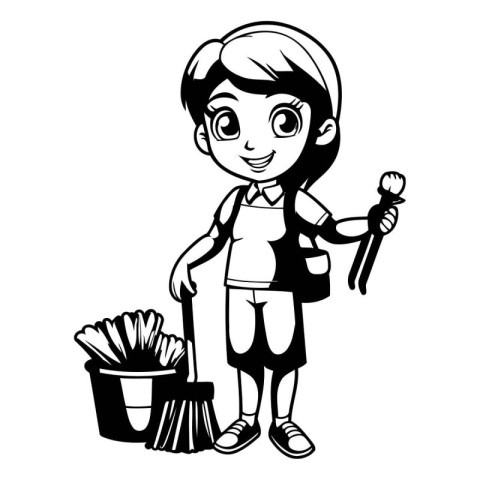 Cute girl in apron with cleaning supplies cartoon vector illustr