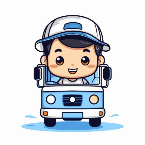 Cute Little Boy Driving School Bus Vector Cartoon Character Illu