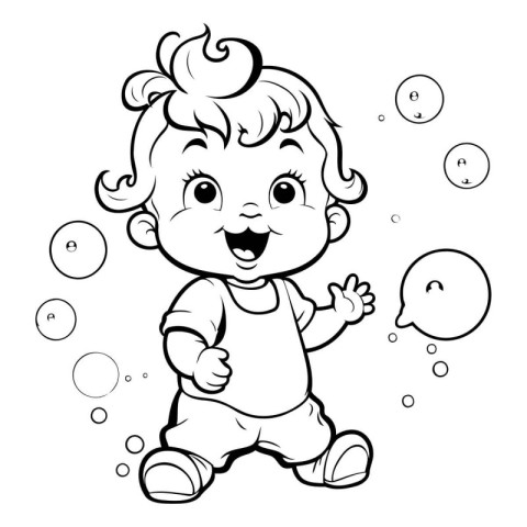 Black and White Cartoon Illustration of Baby Boy Playing with So