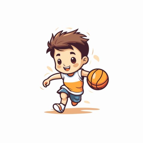 Cute little boy playing basketball cartoon vector Illustration o