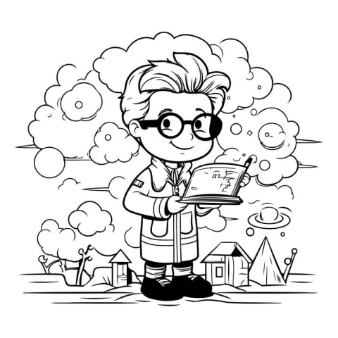 Black and White Cartoon Illustration of Little Boy Studying at S