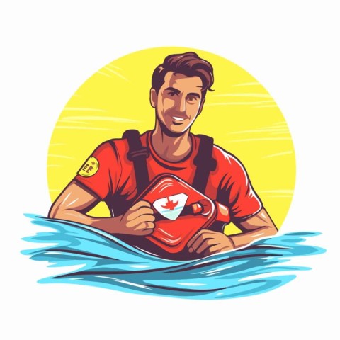 Vector illustration of a man in a life jacket holding a lifebuoy