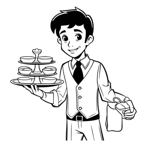 Waiter with tray cartoon vector illustration graphic design vect